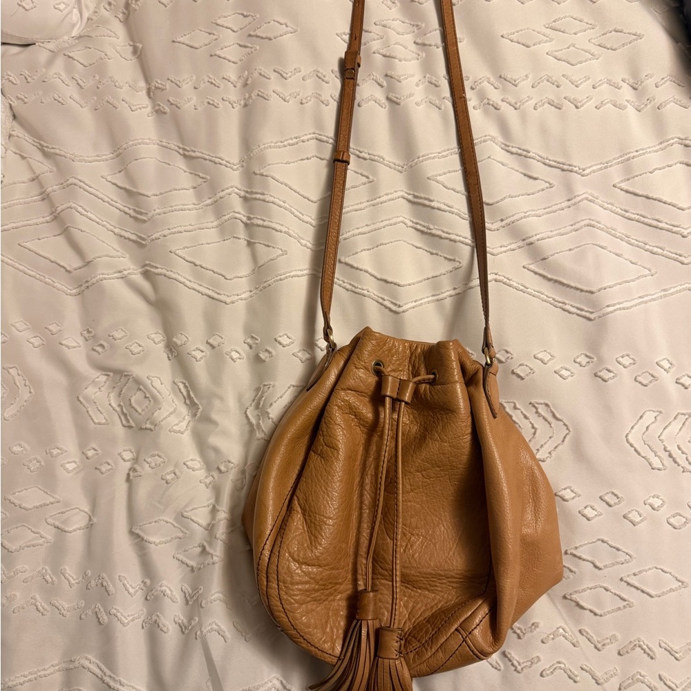 Tan Leather Drawstring Shoulder Bag with Tassel